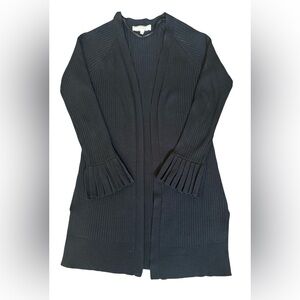 Black Ribbed Cardigan Sweater L Flare Bell Cuff Long Sleeve Mid Length Pointelle